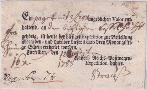 Württemberg - Fürfelden 1788 Fahrpost-Aufgabeschein m. Ortsvordruck