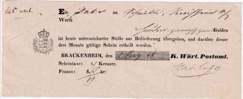 Württemberg - Brackenheim 1848 Fahrpost-Aufgabeschein m. Ortsvordruck
