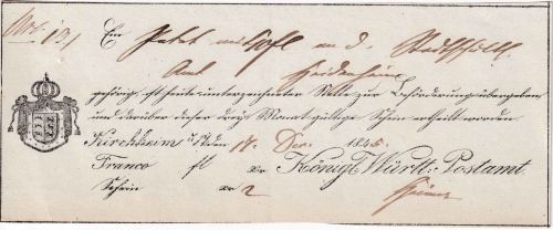 Württemberg - Kirchheim u/T 1845 Fahrpost-Aufgabeschein m. Ortsvordruck