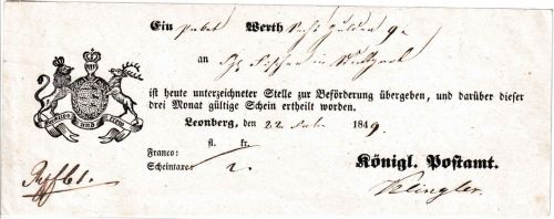 Württemberg - Freudenstadt 1852 Fahrpost-Aufgabeschein m. Ortsvordruck