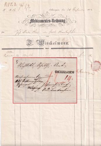 Württemberg - Oehringen L1 Nachnahmebrief n. Häfnerhaslach 1854