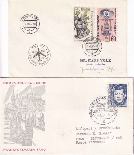 BRD/CSSR - CSA Erstflug Prag Frankfurt a/M u. retour 2 Belege 1.12.64
