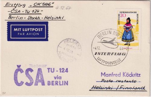 DDR - CSA Erstflug Berlin/Ost Helsinki Luftpostkarte 4.12.64