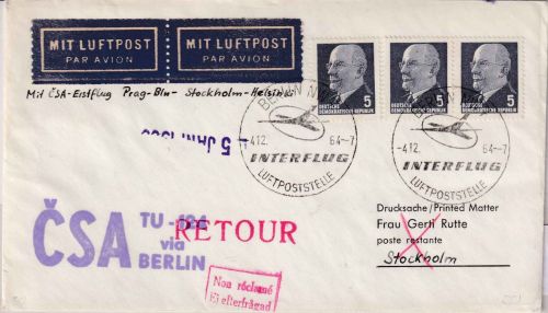 DDR - CSA Erstflug Berlin/Ost Stockholm 4.12.64 Luftpostbrief