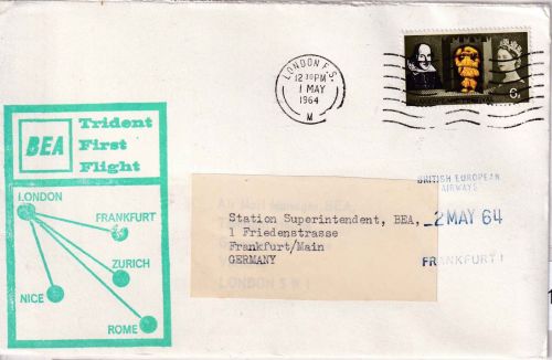 England - BEA Erstflug (Trident) London Frankfurt a/M. 1.5.64 Luftpostbrief