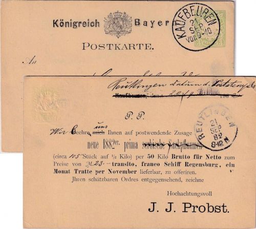 Bayern - 3 Pfg. Wappen Ganzsache priv. Zudruck K1 Kaufbeuren 21 SEP 1882