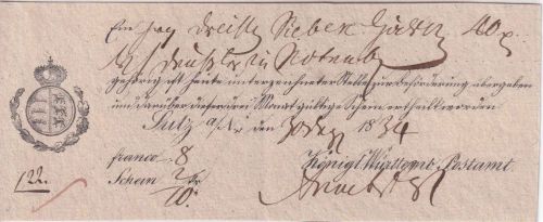 Württemberg - Sulz 1834 Fahrpost-Aufgabeschein Geldsendung n. Rotenburg