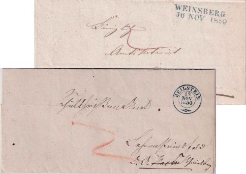 Württemberg - Beilstein 13. NOV 1850 blauer K2 Wende-Portobrief n. Weinsberg