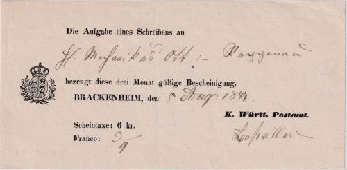 Württemberg - Brackenheim 1847 Briefpost-Aufgabeschein - Ortsvordruck
