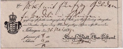 Württemberg - Tübingen 1829 Fahrpost-Aufgabeschein (Geldsendung) - Ortsvordruck