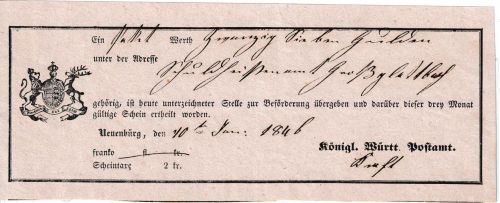 Württemberg - Neuenbürg 1846 Fahrpost-Aufgabeschein m. Ortsvordruck