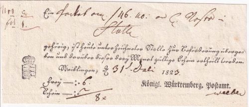 Württemberg - Waiblingen 1823 Fahrpost-Aufgabeschein (Wertpaket) m. Ortsvordruck