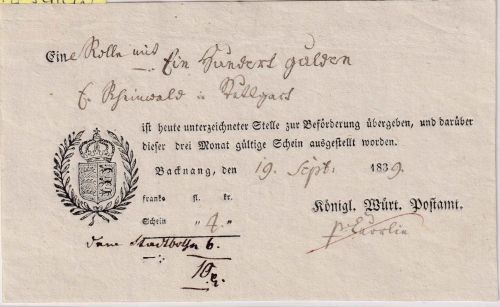 Württemberg - Backnang 1839 Fahrpost-Aufgabeschein m. Ortsvordruck