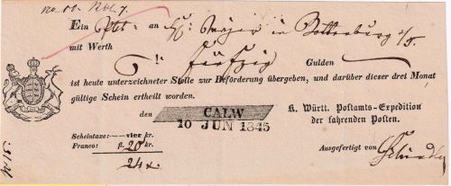 Württemberg - Calw 10. JUN 1845 L2 Fahrpost-Aufgabeschein