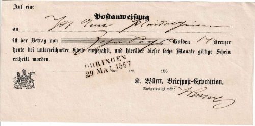Württemberg - Öhringen 29. MAI 1867 L2 Aufgabeschein f. Postanweisung