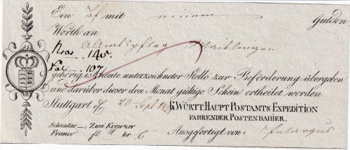 Württemberg - Stuttgart 1821 Fahrpost-Aufgabeschein f. Wertbrief n. Waiblingen