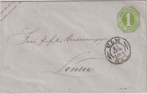 Württemberg - 1 Kr. Oktogon Ganzsache/Brief OPA Ulm 22. APR 1869 - Lonsee