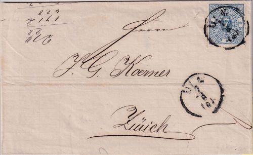 Württemberg - 7 Kr. Ziffer Brief i.d. SCHWEIZ K1 Ulm - Zürich 7.6.1872