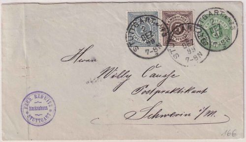 Württemberg - 5 Pfg. Ganzsache+Zusatz Brief Stuttgart No.3 - Schwerin 2. DEZ 99