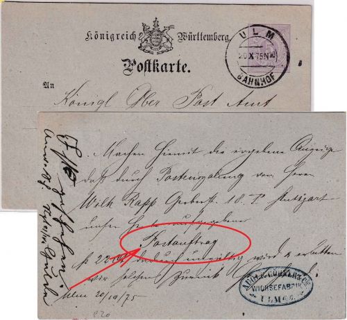 Württemberg - 5 Pfg Ganzsache/POSTAUFTRAG Ulm Bahnhof - Stuttgart 20.X.75 Text !