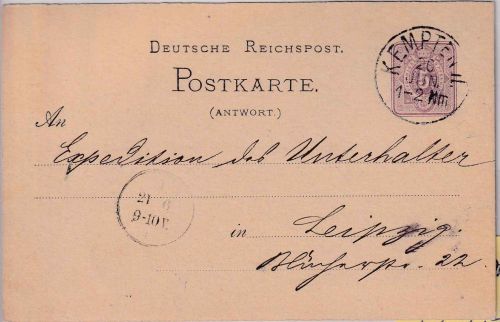 DR/Bayern - 5 Pfg. ganzsache Antwortteil K1 Kempten II 20. JUN - Leipzig ca 1880