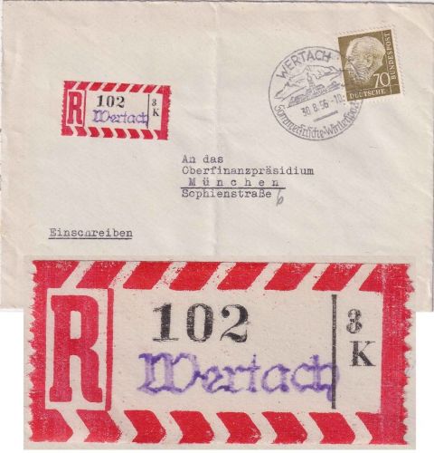BRD - 70 Pfg. Heuss I Einschreibebrief Wertach - München 1956