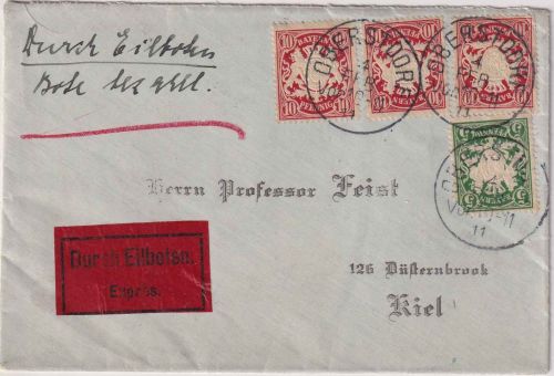 Bayern - 3x10+5 Pfg. Wappen Eilbrief Oberstdorf - Kiel 4. FEB 11