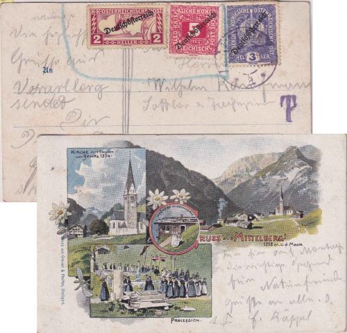 Österreich - Eil-/Porto-/Freimarken Mischfrankatur Karte Riezlern Okt. 1919