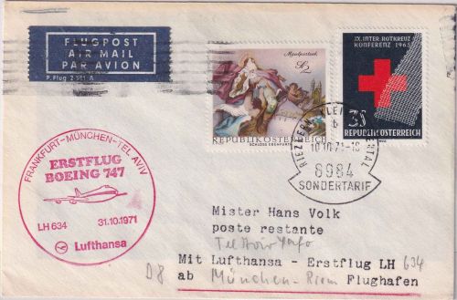 Österreich - LH-Erstflug München Tel Aviv Zuleitungspost Kleinwalstertal ! 1971