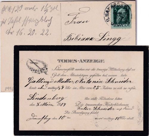 Bayern - K.B. Bahnpost Röthenbach/Scheidegg Karte/Todesanzeige Lindenberg 1914