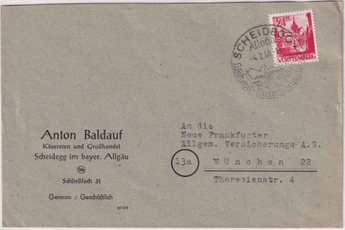 FZ/Württemberg - 24 Pfg. 1. Ausgabe Brief Handwerbestempel Scheidegg 4.2.48