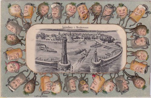 Bayern - Lindau Hafen Bier/Radi-Gesichter farb. Passepartout-AK gelaufen 1926