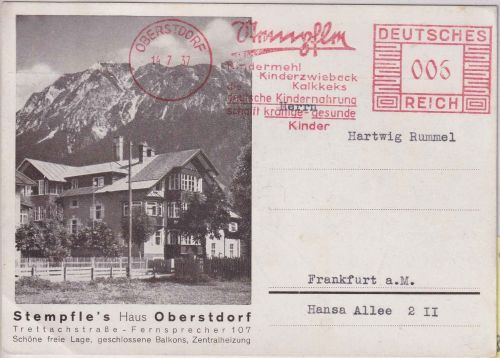 DR - Oberstdorf 1937 6 Pfg. AFS "Stempfle" illustr. Firmenkarte n. Frankfurt a/M