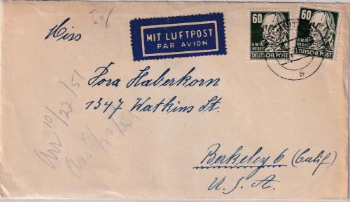 DDR - 2x60 Pfg. Köpfe Luftpostbrief n. USA Chemnitz - Berkeley 15.10.51