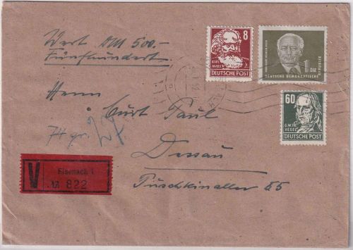 DDR - 1 DM Pieck u.a. Wertbrief Eisenach - Dessau 1952