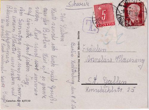 DDR - 24 Pfg. Pieck unterfrankierte Karte i.d. SCHWEIZ Berlin 8.8.51 Nachporto