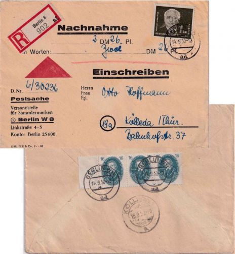 DDR - 1 DM Pieck + 3x16 Pfg. Akademie Nachnahme-Einschreibebrief Berlin 14.9.50
