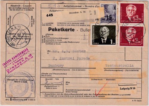 DDR - 2x2 DM Pieck u.a. Paketkarte . AUSTRALIEN Dresden - Bunbury 23.8.55
