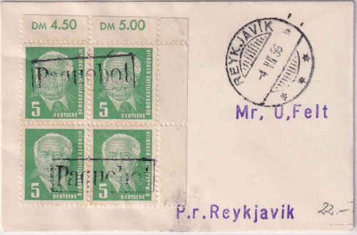 DDR - 5 Pfg Pieck 4er-Block/Bogenecke Ortsbrief Reykjavik 4.VII. 56 Ra1 Paquebot