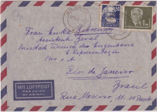 DDR - 1 DM Pieck u.a. Luftpostbrief n. BRASILIEN Barth - Rio de Janeiro 22.11.51