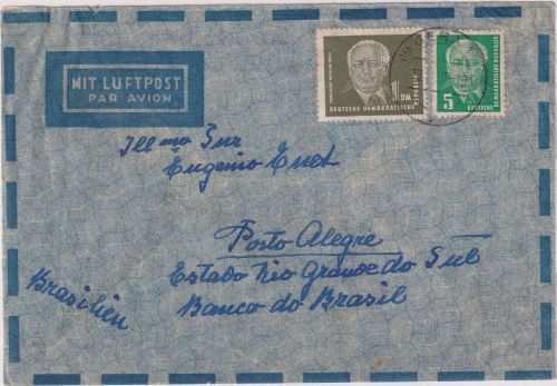 DDR - 1 DM + 5 Pfg. Pieck Luftpostbrief n. BRASILIEN Gera - Porto Alegre 18.3.53