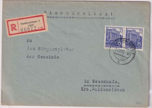 DDR - 35 Pfg 5-Jahresplan waagr. Paar Einschreibebrief Haldensleben Land 4.12.57