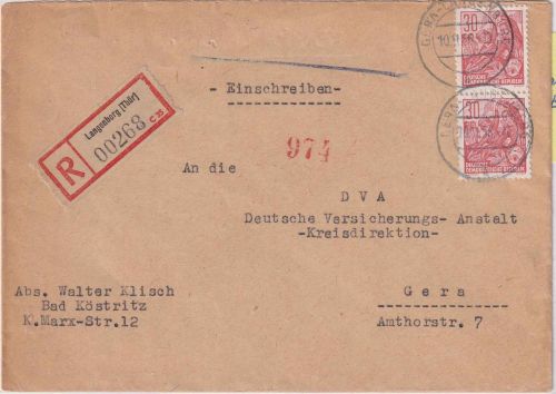 DDR - 2x30 Pfg 5-Jahresplan Ortseinschreibebrief Gera-Langenberg 10.11.56