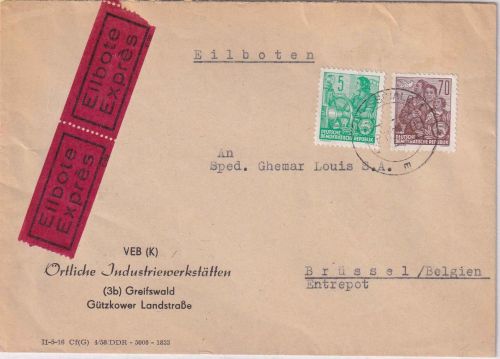 DDR - 70+5 Pfg. 5-Jahresplan Eilbrief n. BELGIEN Greifswald - Brüssel 26.11.58
