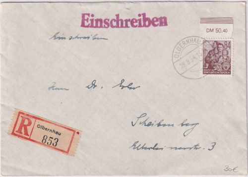 DDR - 84 Pfg. 5-Jahresplan Oberrand Einschreibebrief Olbernhau 28.9.54