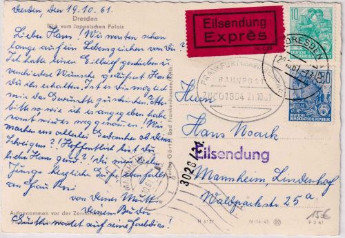 DDR - 50+10 Pfg. 5-Jahresplan Eilkarte Dresden - Mannheim 20.10.61 Bahnpost