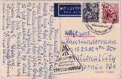 DDR - 15+20 Pfg. 5-Jahresplan Luftpostkarte n. USA Messe-Sonderflug Ilmenau 1957