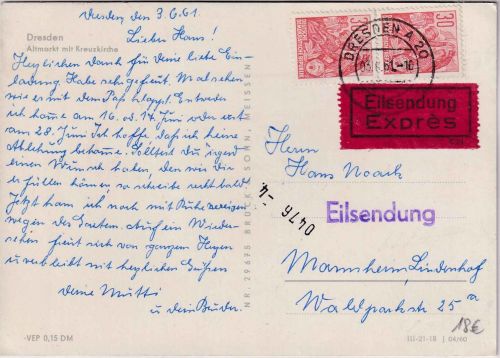 DDR - 2x30 Pfg. 5-Jahresplan Eilkarte Dresden - Mannheim 3.6.61