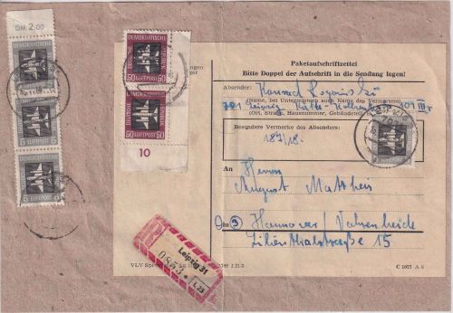 DDR - 2x50+4x5 Pfg. Flugpost Einschreibe-Päckchen-Vds. Leipzig Hannover 16.11.60