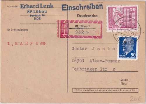 DDR - 50 Pfg. Ulbricht u.a. Einschreibekarte (Fernschach) Löbau 17.10.73